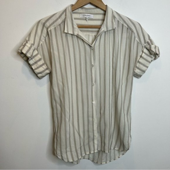 Frame Denim Clean Collar Short Sleeve Button Up Stripe Shirt - Picture 7 of 7